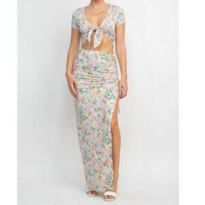 Front Knot Floral Top & Ruched Maxi Skirt Set